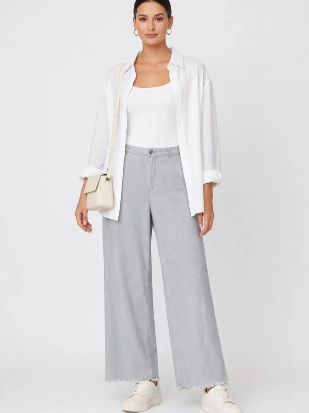 H&M Divided Light Gray Linen Blend Frayed-Hem Wide Leg Pants Back Pockets Size 6